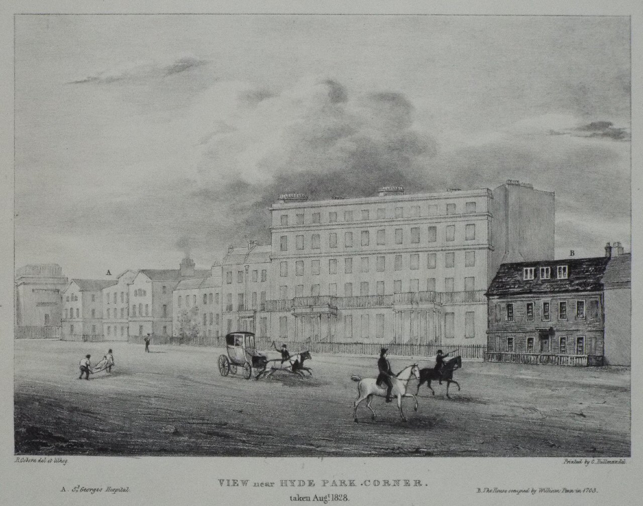 Lithograph - View near Hyde Park Corner, taken in 1828. - Osborn